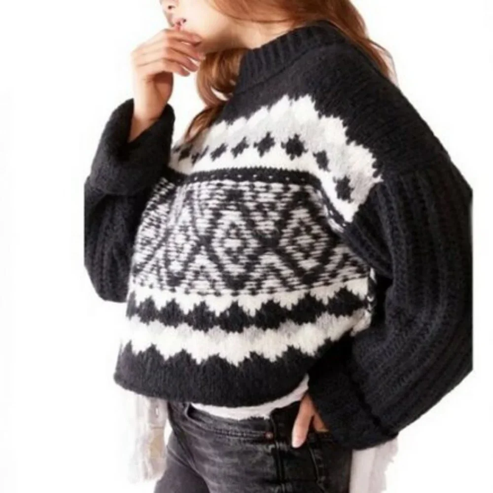 Free People Alpine Black White Mock Neck Cropped Sweater - Picture 3 of 7